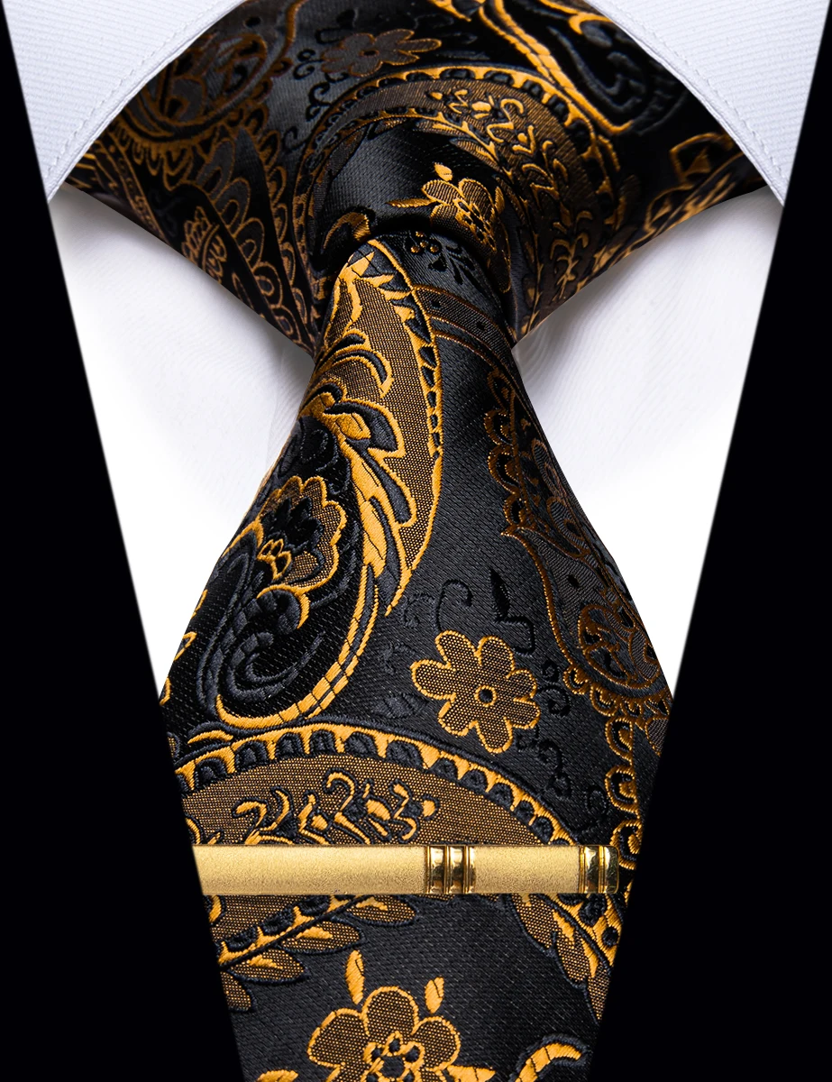 

Top Selling Black Gold Paisley Floral Tie for Man Accessories Luxury Silk Men's Necktie for Wedding Party corbatas para hombre