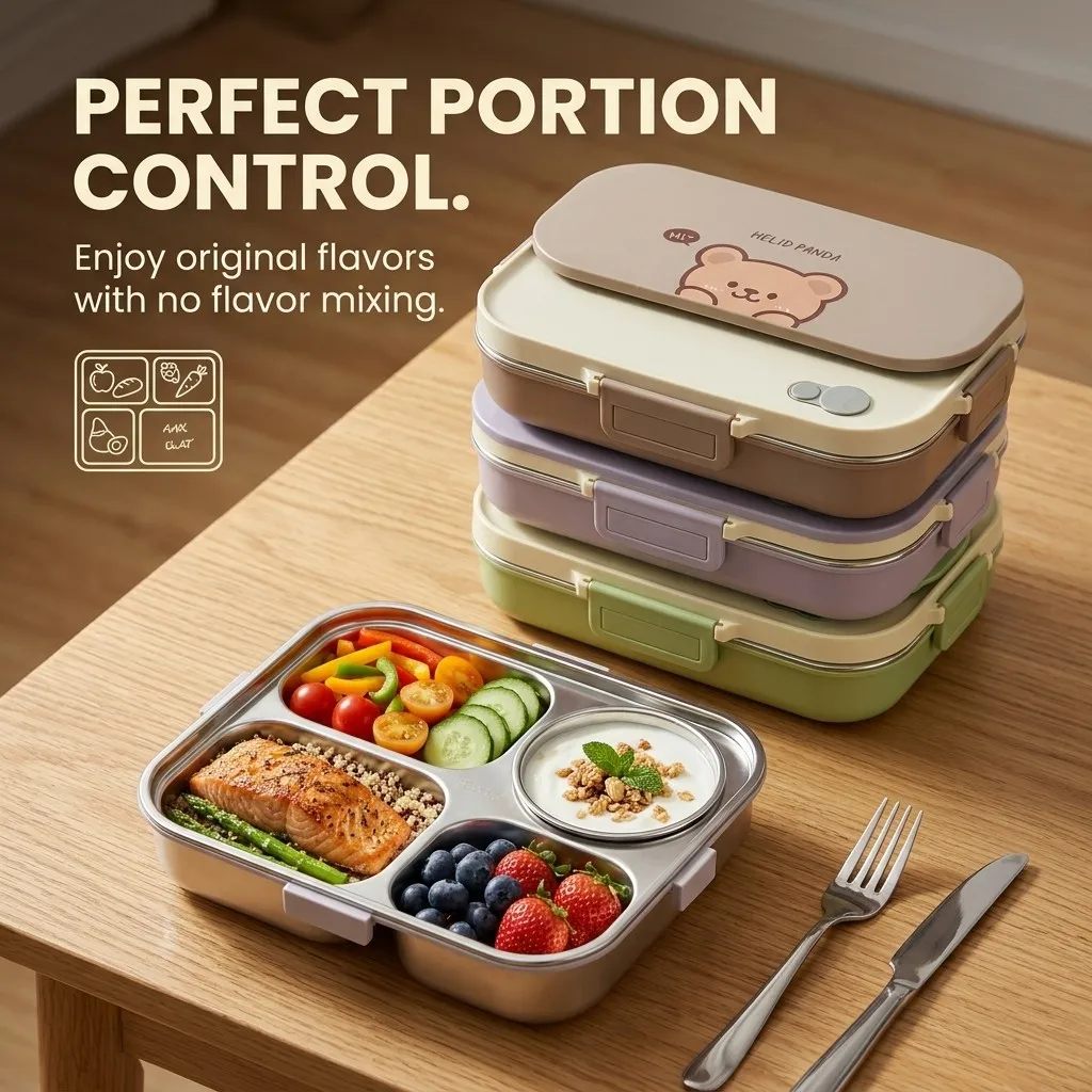 304 Stainless Steel Bento Lunch Box Set 4/5 Compartment Food Storage Containers with Soup Bowl Cutlery Adults Kids School view 6