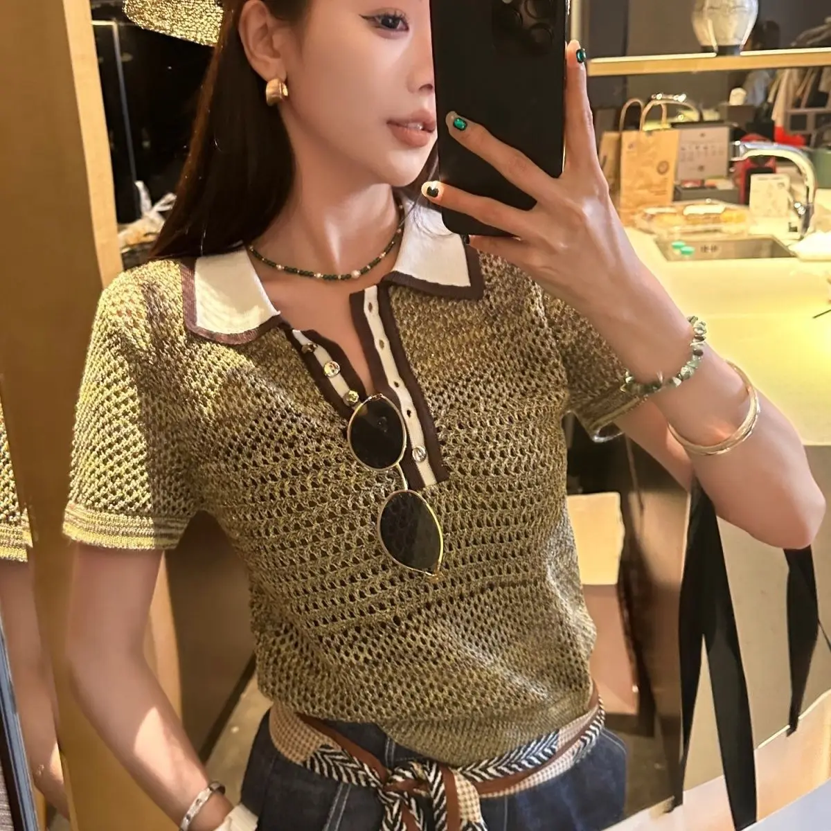 

Korean Style Short Sleeve Knit Top Summer Lace Hollow Out Design French Elegant Blouse