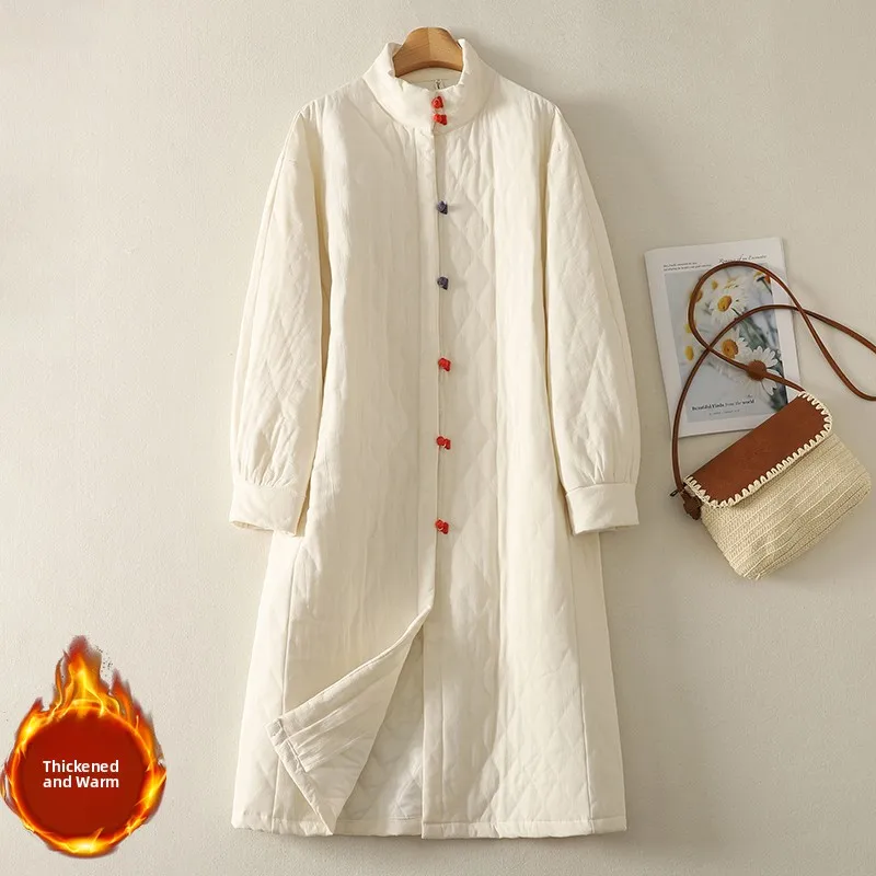 

New Chinese Sle Long Cotton Jaet Women's Winter Vintage Buttoned Cotton Liner Loose Warm over Knee Pure Color Commute