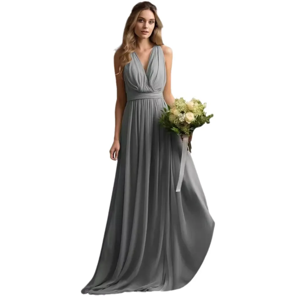 Vestido elegante de una línea para invitados de boda, sin mangas, cuello en V, gasa, volantes, tren de barrido, vestido de noche semiformal, personalizado gratis 2025