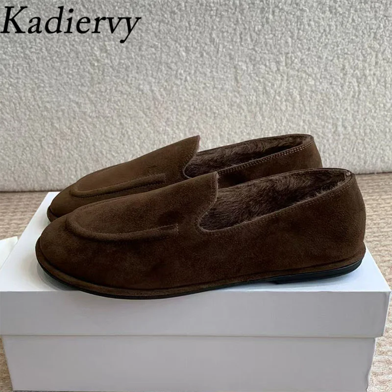 

Suede Leather Loafers Women Round Toe Toe Walk Shoes Female Daily Lightweight Office Commuting Flat Wool Winter Shoes Woman