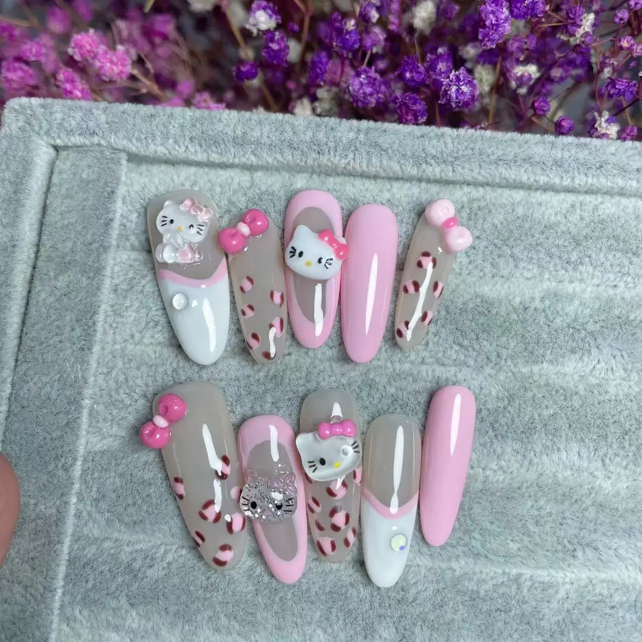 30 pçs rosa olá kitty longo amêndoa unhas falsas leopardo arco bolinhas kawaii capa completa imprensa em unhas diy manicure decorações