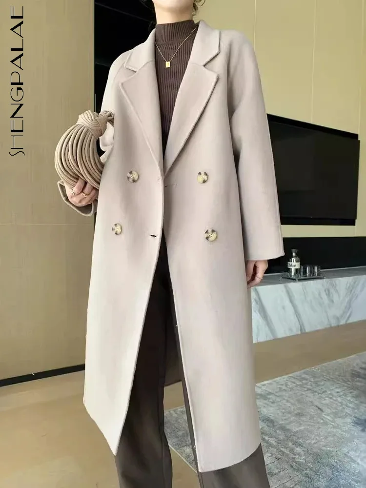 SHENGPALAE Vintage Long Woolen Coat For Women Lapel Full Sleeve Double Breasted Spliced Pockets New 2024 Female Clothing 5C1860