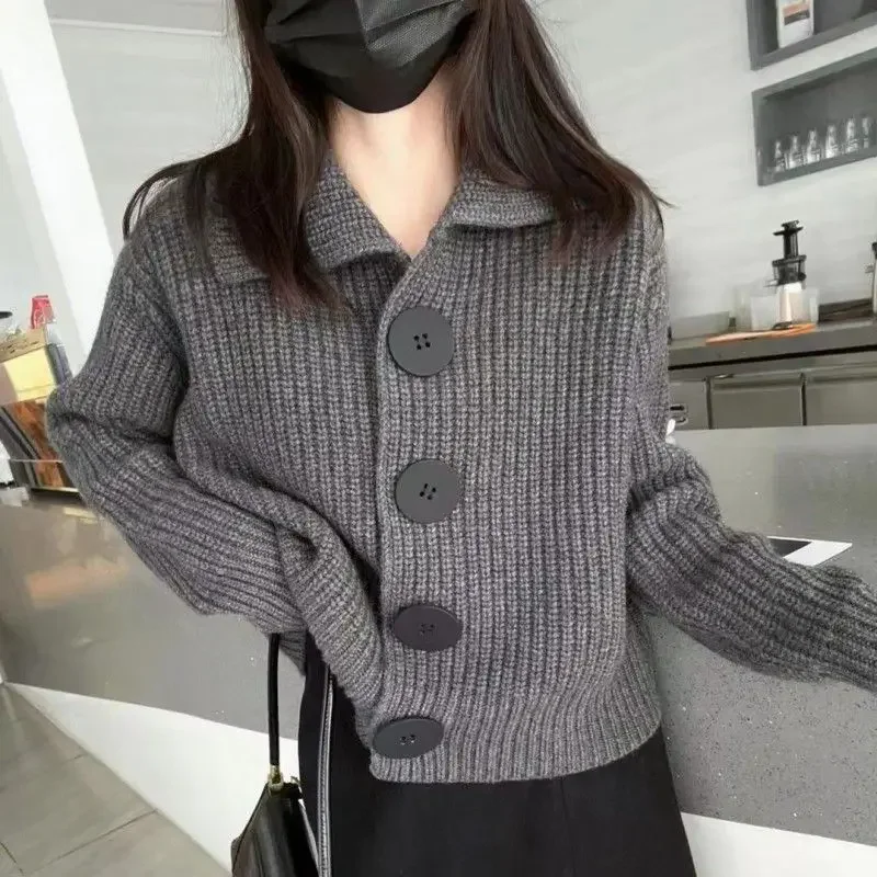 

Trendy Korean Personalized Large Button Lapel Long-sleeved Knitted Cardigan for Women Loose Y2K Sweater Jacket Shawl Outer Wear