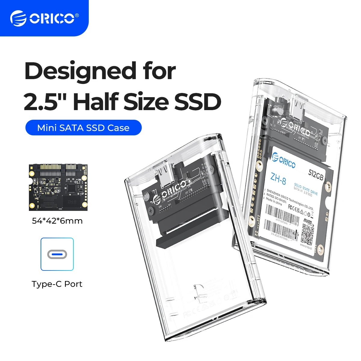 

ORICO 2.5inch Half Size SSD Case Type-C Hard Drive Enclosure 5Gbps Support Auto Sleep for Half Slim 2.5 inch SSD Mini Size