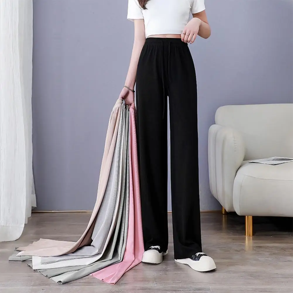 Women Work Trousers Elegant Draped Wide Leg Pants Adjustable Elastic Waist Ice Silk Comfort Streetwear for Women Loose Fit Pants