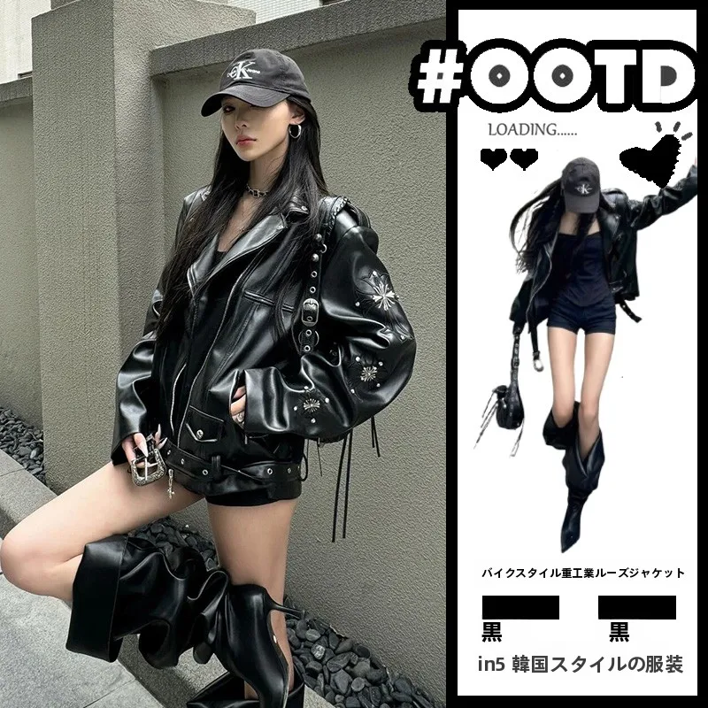 ストリートスタイル ロッカー ブラックレザージャケット レディース スパイシーデザイン ルーズ ヘビーウェイト モーターサイクルジャケット アウターウェア トレンド