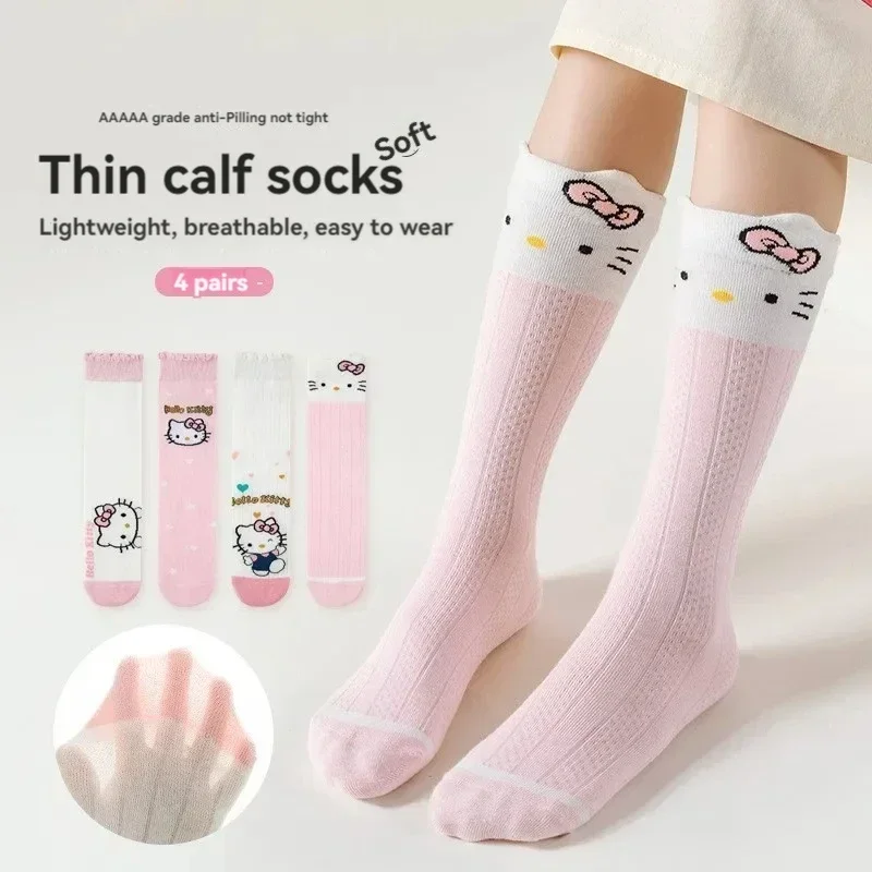 4pairs Cotton Sanrio My Melody Knee Long Sock Breathable Thin Hello Kitty Kuromi Cinnamoroll Girls Middle Tube Sock Calf Sock