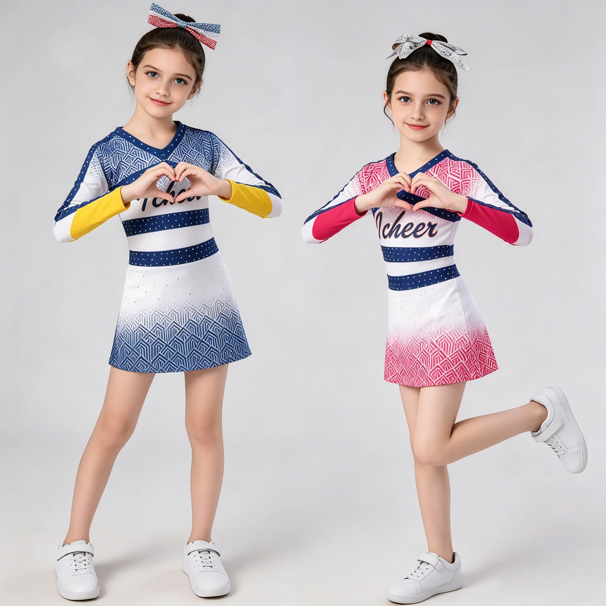 

Premium Kids Girl Cheerleading Dance Dress Soft Breathable Long Sleeve Gradient Rhombic Print Cheer Uniform Training Competition