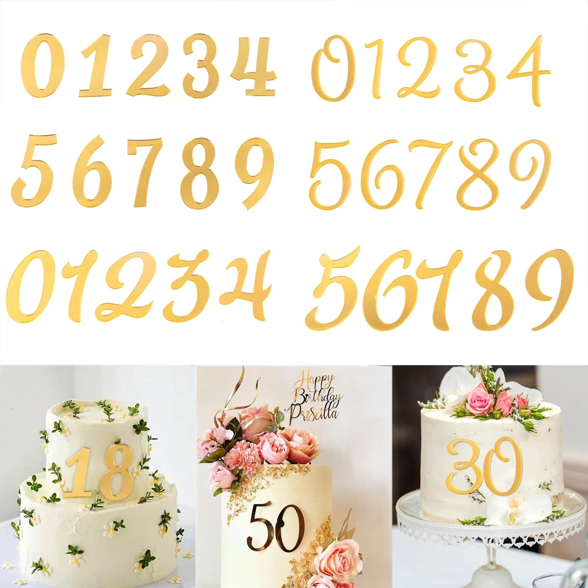 10 Stück Goldene Zahlen-Kuchendekoration 0-9 Set Acrylzahlen für Geburtstag Jubiläum Hochzeit Tortendekoration – Detail 1