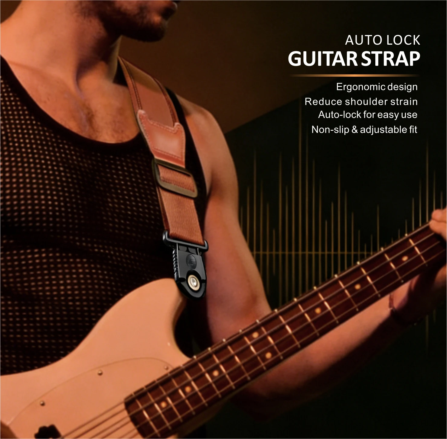 Auto-Lock Gitarrengurt, Verstellbare Gurte mit Verdicktem Polster für Akustik- und E-Gitarren/ Bassgitarrengurt – Detail 2