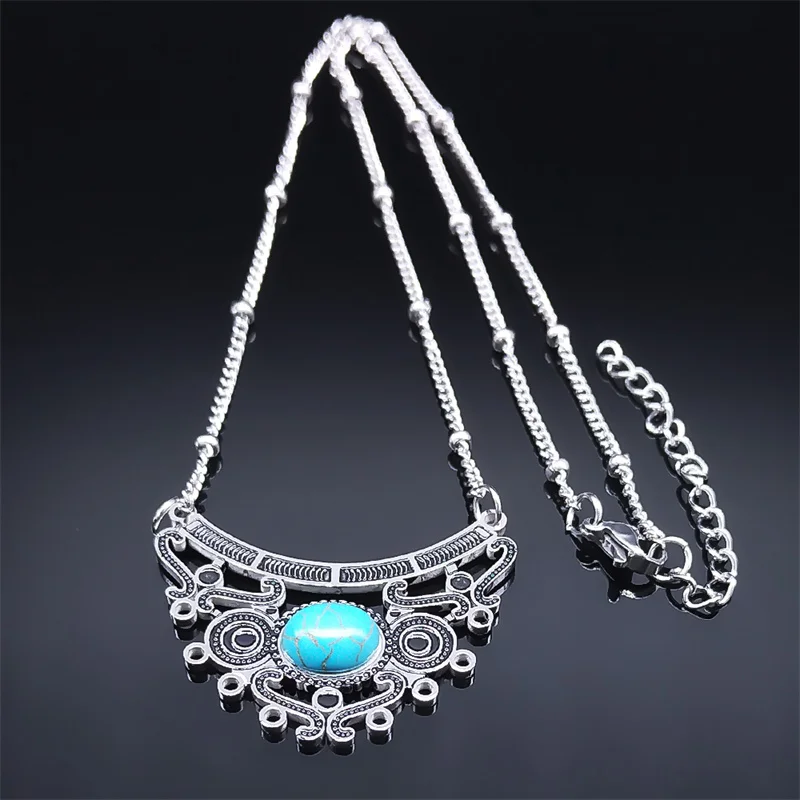 Aesthetic Ethnic Boho Flower Shape Necklaces for Women Stainless Steel Bohemia Blue Stone Hollow Choker Necklaces Jewelry N7946S