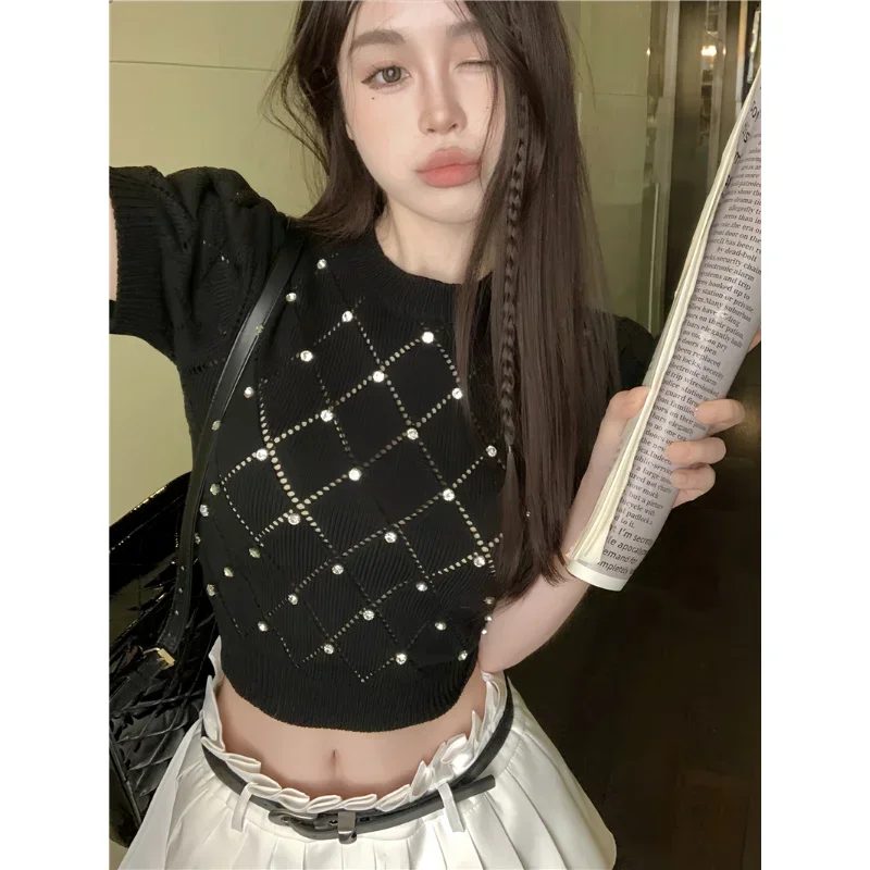 Spring for Women Crop Tops Korean Style Retro T-Shirt Knitting Short-sleeved Elastic Tee Shirt