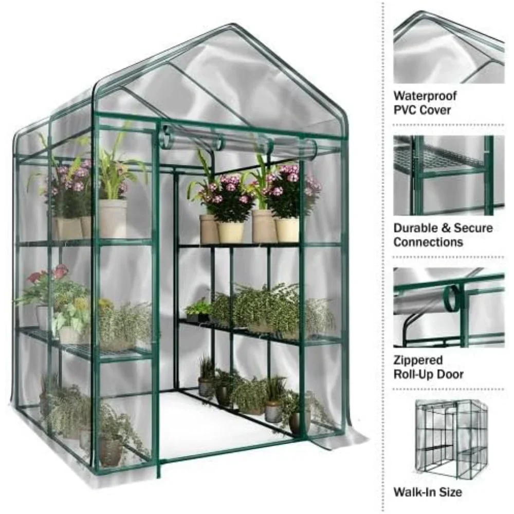 Greenhouse - Walk in Greenhouse with 8 Sturdy Shelves and PVC Cover for Indoor or Outdoor Use - 56 x 56 x 76-Inch Green House