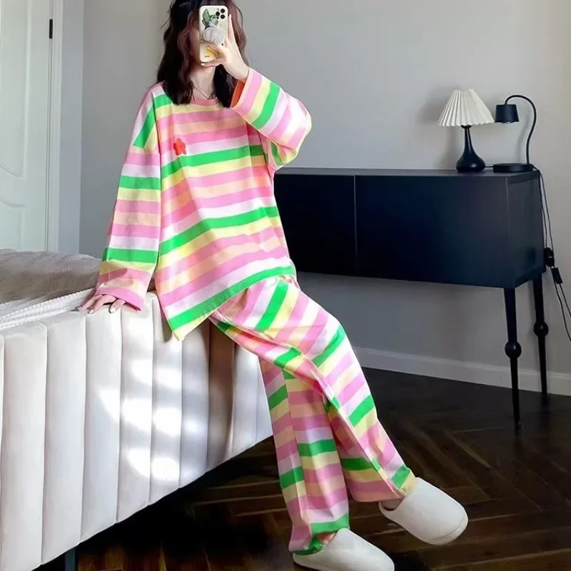 100KG Plus Size Korean Long Sleeved Pajamas Set Women Autumn Student Girls Rainbow Loungewear Can Be Worn Outside Loose Clothes