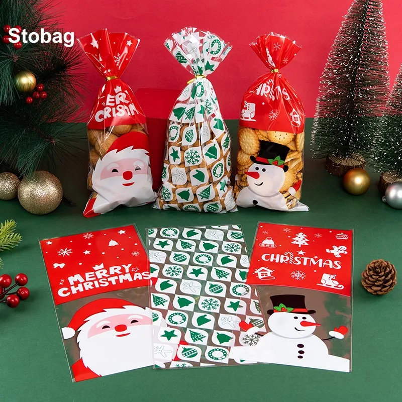 StoBag 50pcs Marry Christmas Candy Gift Packaging Bag Cellophane Cookies Baking Santa Claus Handmade Kids Party Favors New Year