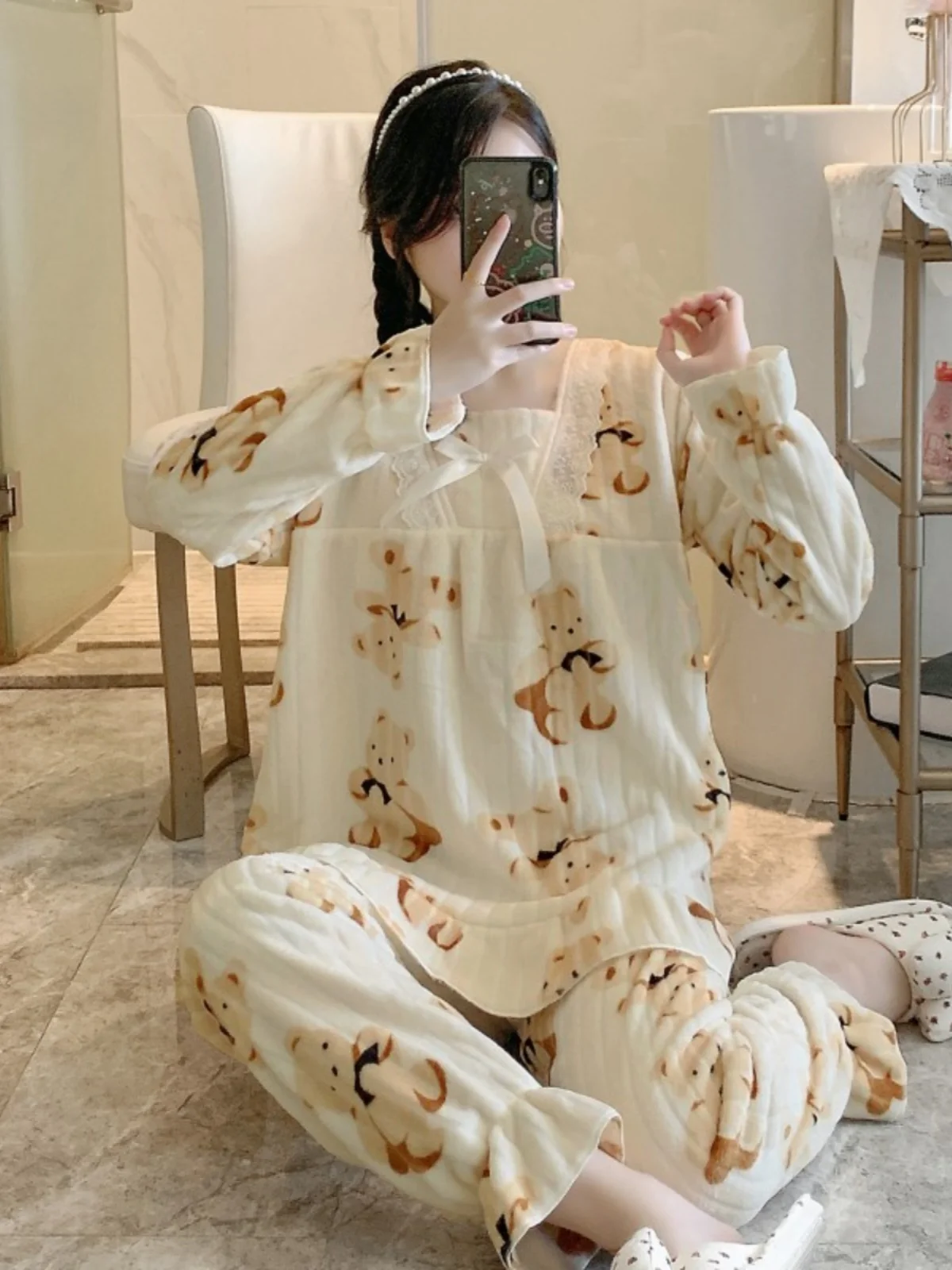 Thick Coral Fleece Flannel Sleepwear Women's Winter Home Clothes Set Cartoon Bear Princess Style Long Sleeve Long Dress