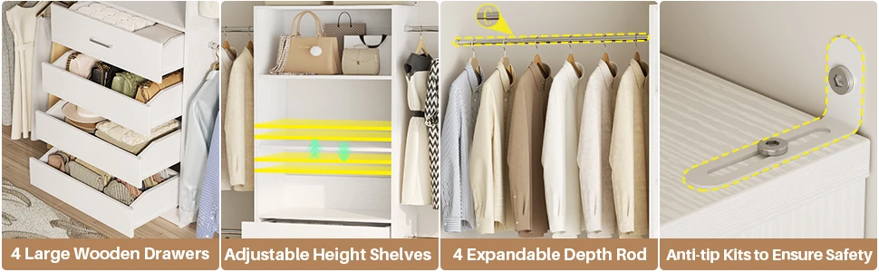 4-9Ft Closet System with 4 Wooden Drawers, Walk-in Closet Organizer Wardrobe Clothes Rack with 4 Hanging Rods, Garment Rack