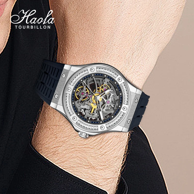 Haofa Mens watch Automatic Mechanical Diamond Skeleton Luminous Panoramic watch stainless steel case luxury watches for men1913S