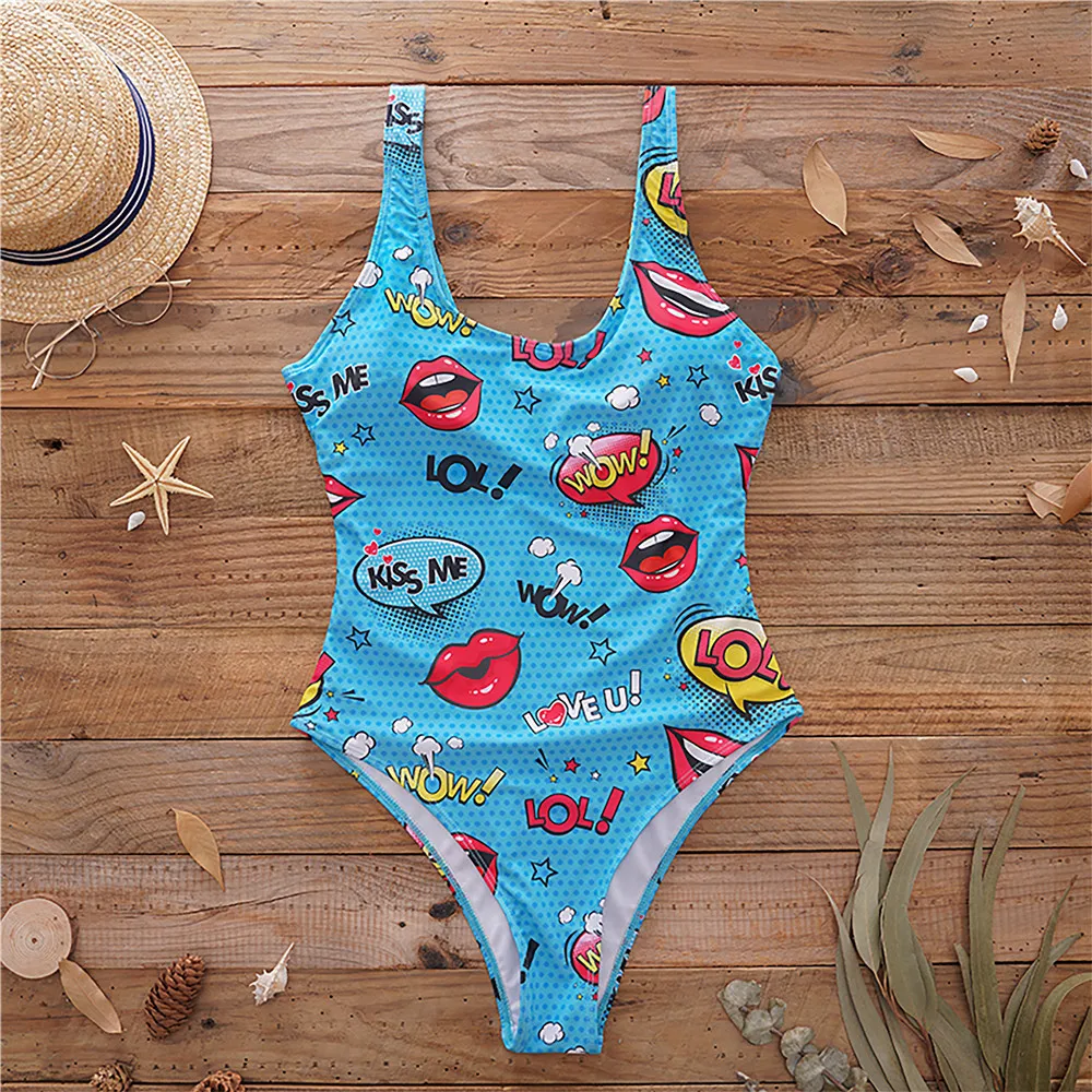 Sexy One Piece Swimwear Woman 2025 Flame Red Lips Print Push Up Monokini Backless Bodysuit Swimsuit Beach Bathing Suits