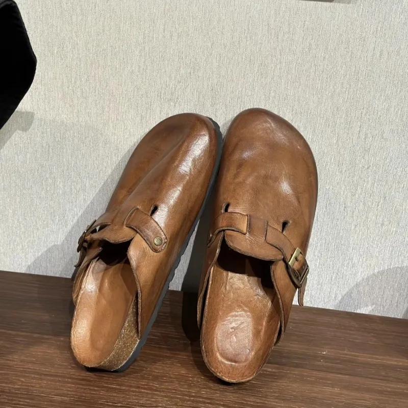 

Retro Women's Shoes Luxury Genuine Leather Muller Slippers for Woman Exquisite Baotou Casual Shoes Designer Shoes Zapatos Mujer