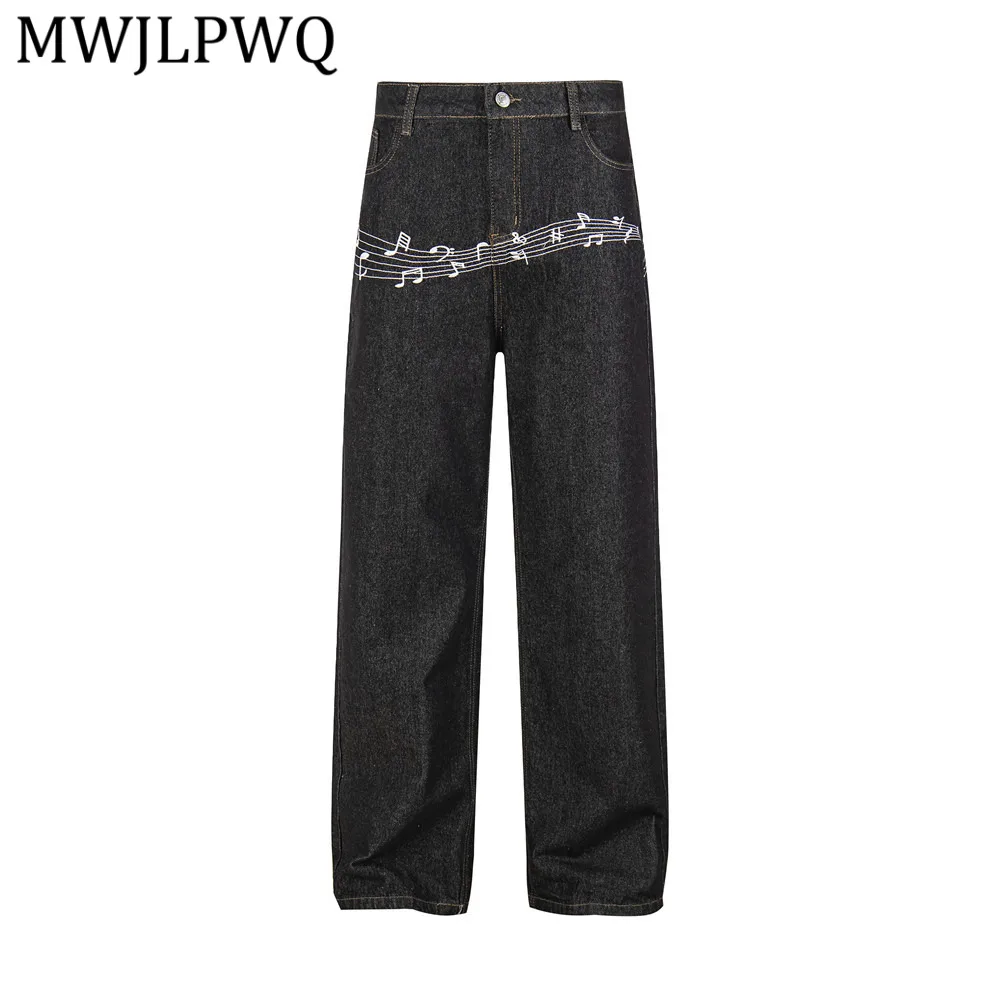 MWJLPWQ Vintage Dark Denim Trousers Male Print Single Button Waist Classic Pocket Straight Hem Versatile Casual Bottoms 16784