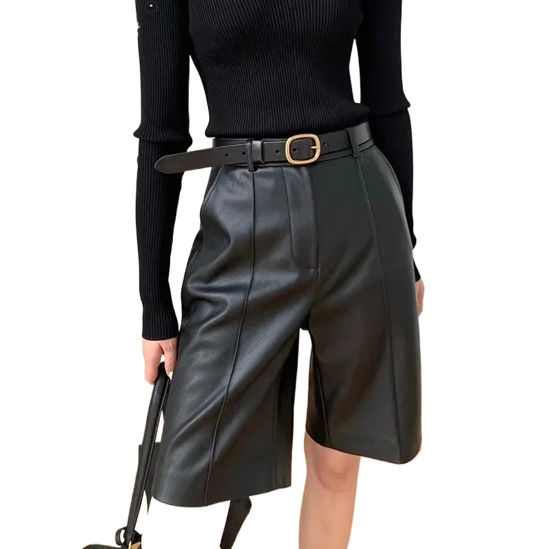 

Tajiyane Genuine Leather Pants for Women 2022 High-waist Straight Pants Korean Style Real Sheepskin Leather Shorts Knee-length