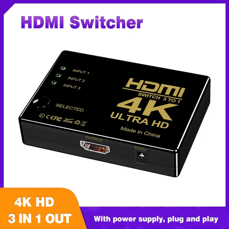 

3 in 1 out HDMI HD Switcher 4K/1080P Signal Converter Distributor Supports Multi-Channel HDMI Signal Input Remote Control Switch