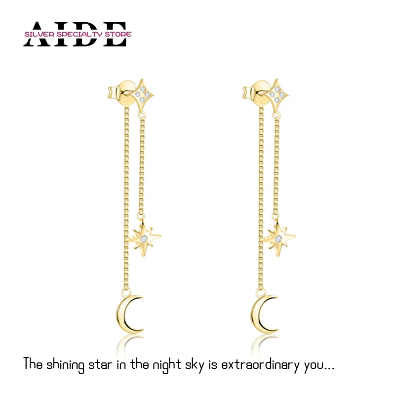 AIDE S925 Silver Long Tassel Chain Star Moon Stud Earrings For Women Piercing Dangle Earring Pendant Wedding Jewelry Gift Aretes