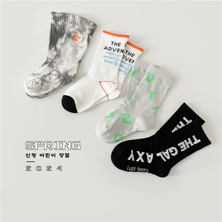 4 Pairs Socks Boys Trendy Bandhnu Socks Autumn Children Kids Cotton Socks Mixed Color Pattern