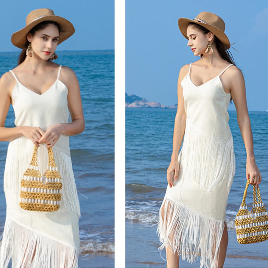 Summer Hollowed-out wooden bead totes bag women's patchwork hand-woven clutch purse vacation handbag beach single-shoulder bags