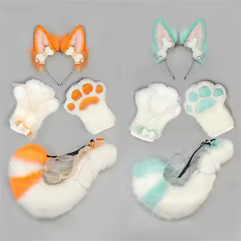 4Pcs/set Kitsune Fox Ears &amp; Tail &amp; Paw Gloves Plush Anime Cosplay Prop for Lolita Furry Convention Halloween Costume Accessories