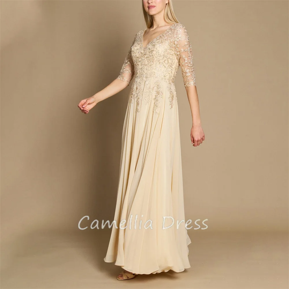 

Elegant V Neck Mother Of The Bride Dress A Line Chiffon Lace Appliques Side Slit Formal Dresses Vestidos Mae Da Noiva Casamentos