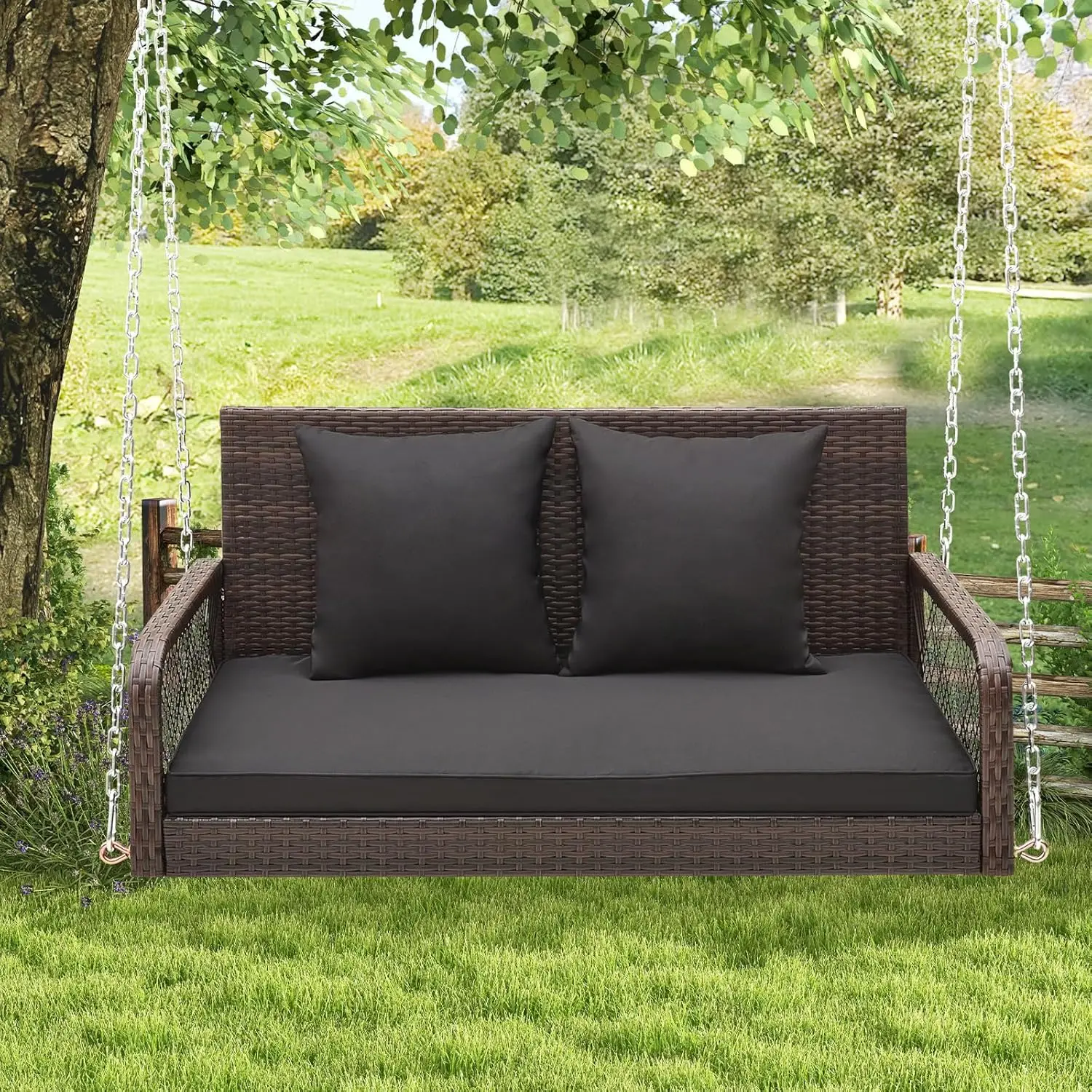 Tangkula Wicker Outdoor Porch Swing, 800 LBS Capacity Outdoor Swing Bench with Hanging Chains, Back and Seat Cushions, 2-Seater