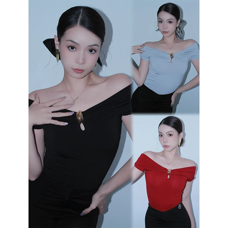 

Новая одежда для латинских танцев, топы для бальных танцев, боди с открытыми плечами и короткими рукавами, женская одежда для тренировок по румбе DNV26684