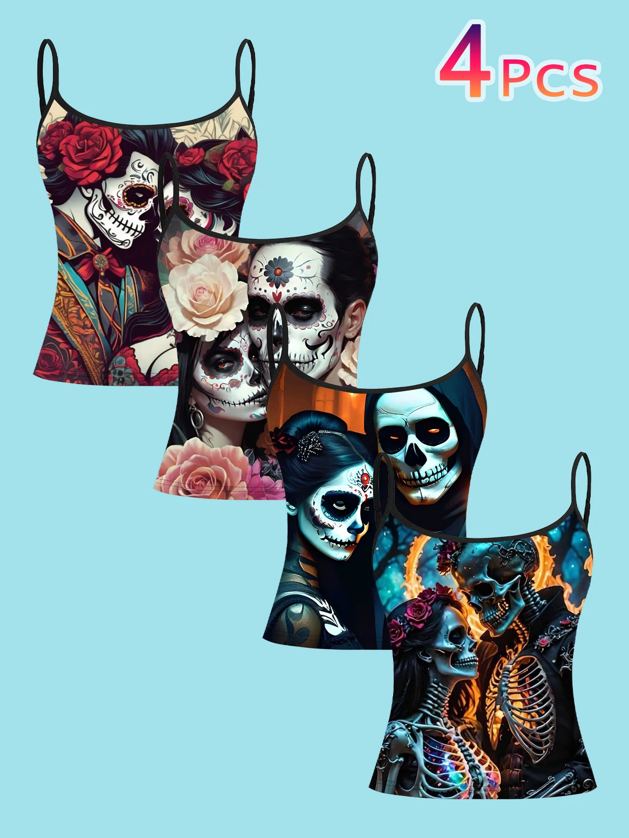 4-Piece Set of Day of the Dead Rose Sugar Skull Couple Portrait Print Camisole for Women, Vintage Oil Painting Style Spaghetti Strap Slim-Fit Inner Top