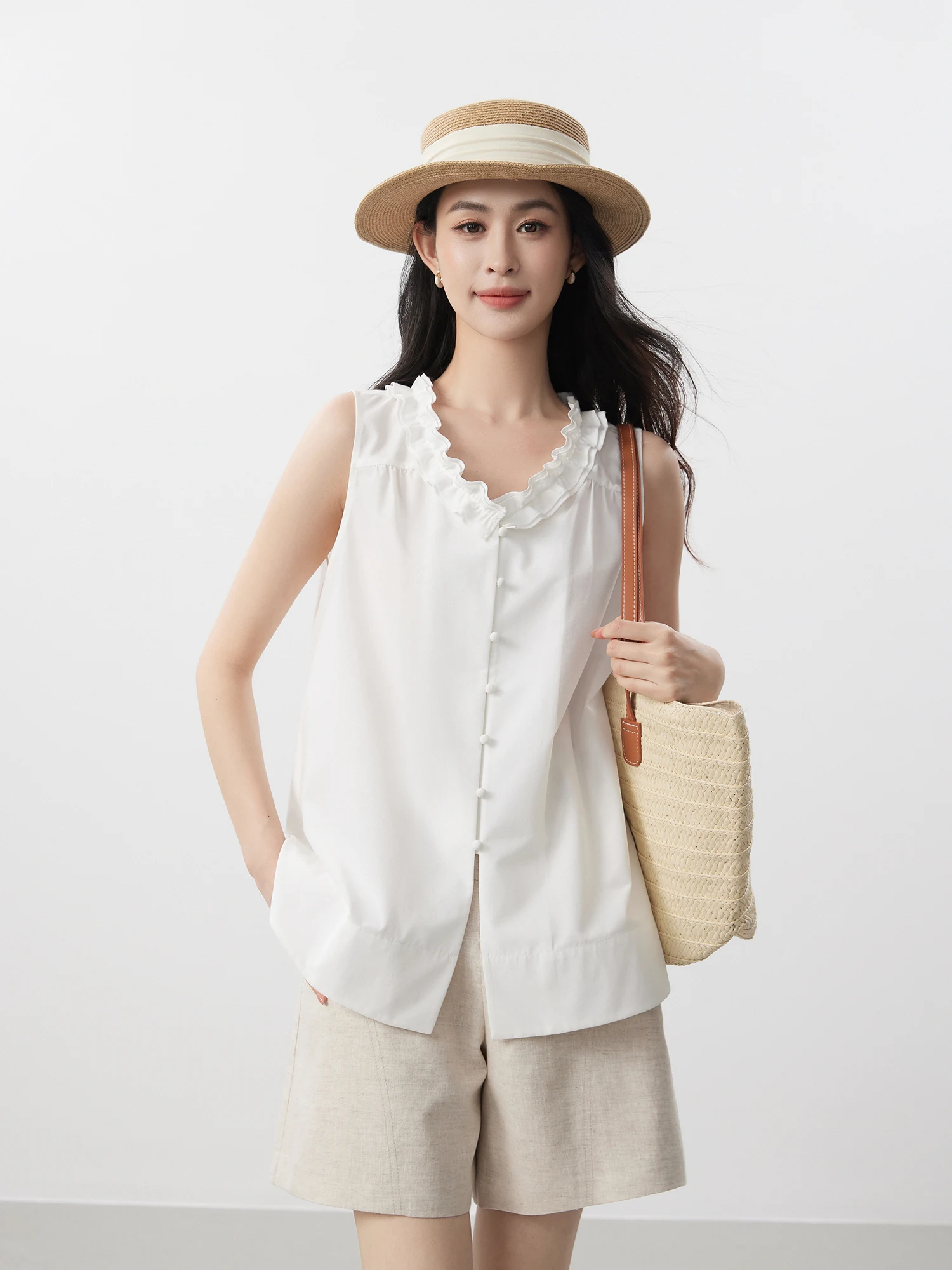 

Romantic Lace Trim Petal Collar A-Line Shape Sleeveless Shirt Women Elegant Style Polyester Fiber Cotton Blend Spring New