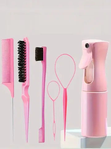 6pcs/Set Hair Brush Set Hairdressing Spray Bottle Hair Braiding Loop Rat Tail Comb Teasing Hair Brsuh Edge Control Hair Brush