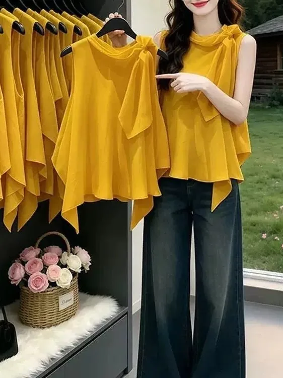 Elegant  Knot Sleeveless Shirt Women's Casual Style Beautiful Top Fashionable Summer New Loose Fit round Neck Shirt