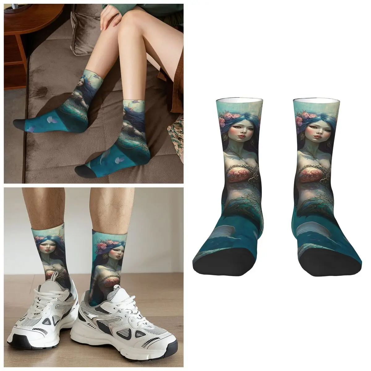 Mysterious Mermaid Under The Water Socks Harajuku High Quality Stockings All Season Long Socks Accessories for Unisex Christmas