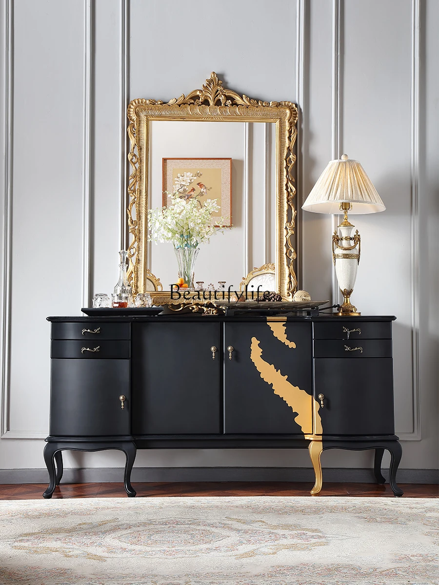 French Entry Lux Matte Black Gold Solid Wood Dining Side Storage Cabinet European Style Villa Hall Artistic Cabinet