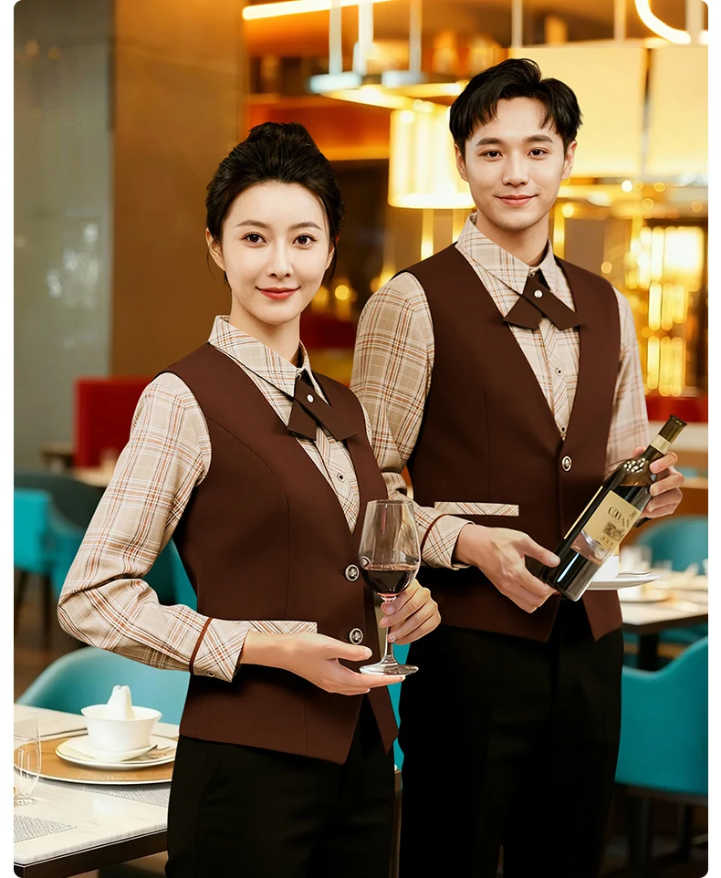 호텔 레스토랑 커피 바텐더 바 웨이터 유니폼 세트 앞치마 포함 긴 소매 음식 서비스 유니폼 바 작업복 셔츠