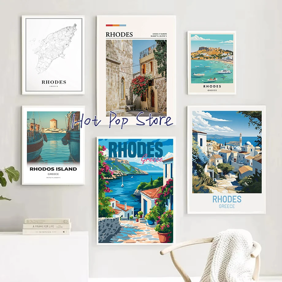 Póster de viaje de la Isla de Rhodes Grecia, hermoso paisaje de Rhodes, Arte de la pared Decoración, pintura en lienzo, regalo de viaje, impresiones, decoración