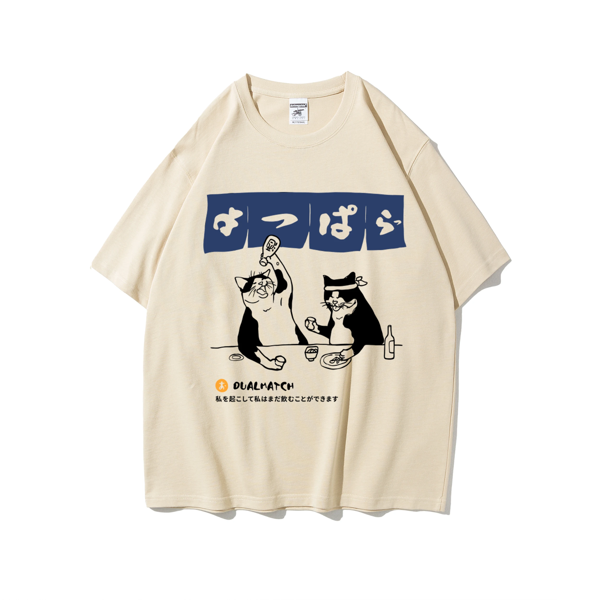 Summer Cotton Man T-Shirts Original Japanese Retro Cat Prints Tee Shirts Loose O-Neck Soft Comfortable Tops Female Clothes