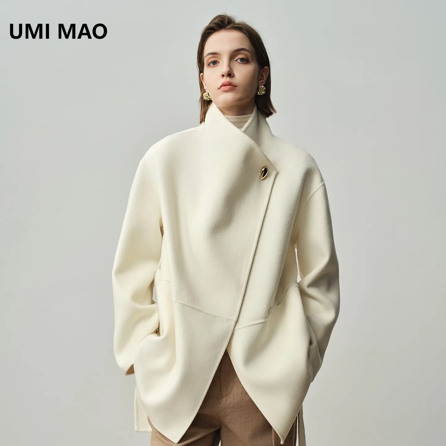 

UMI MAO Irregular Lapel Wool Overcoat Petite Mid-length One-button Tie Double-faced Cashmere Coat Long Sleeve Jacket Women