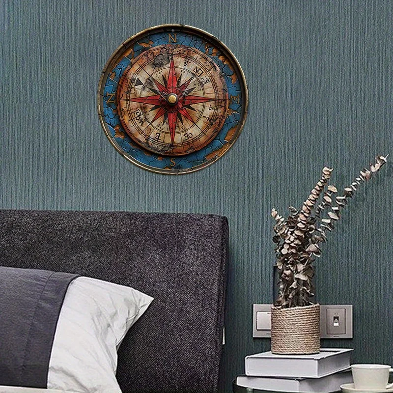 Vintage Compass Aluminum Wall Sign - 8x8 Inch Decorative Round Plaque, Pre-drilled, Weather-Resistant, HD Print - Ideal for Home