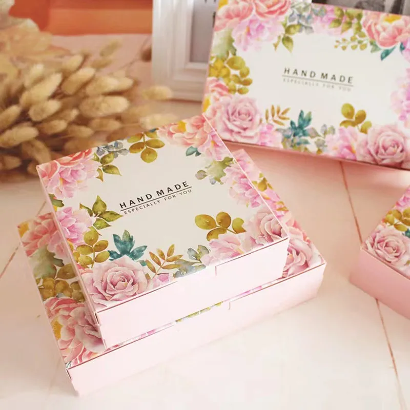 10PCS Gift Box Wedding Favor pink flowerPaper Cake Packaging Window Present Candy Bag Food Cupcake Cookie Pastry Cardboard