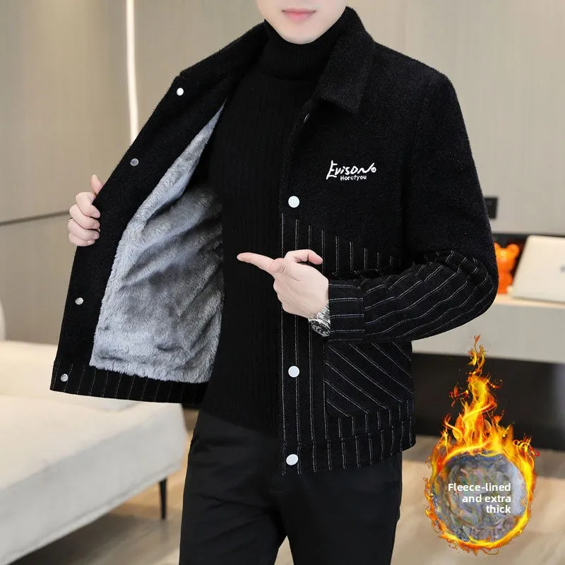 

Men's Winter Thiened Fce Lined Woolen Jaet Casual Versatile Youth Outerwear Long Sve Stand Fit Polyester Nylon