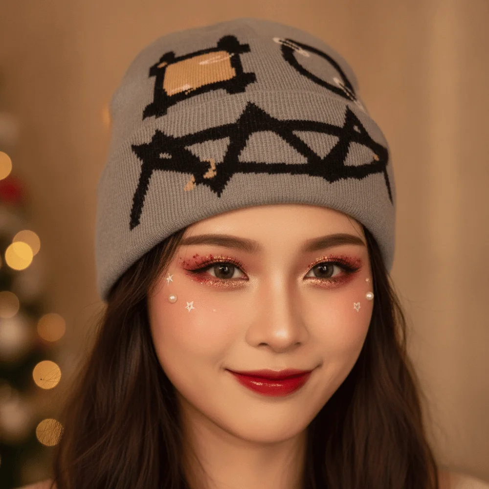 Printed Pattern Printed Pin Beanie High Elasticity Winter Warmth Ghost Mask Cap Flat Design Acrylic Yarn Demon Face Hat